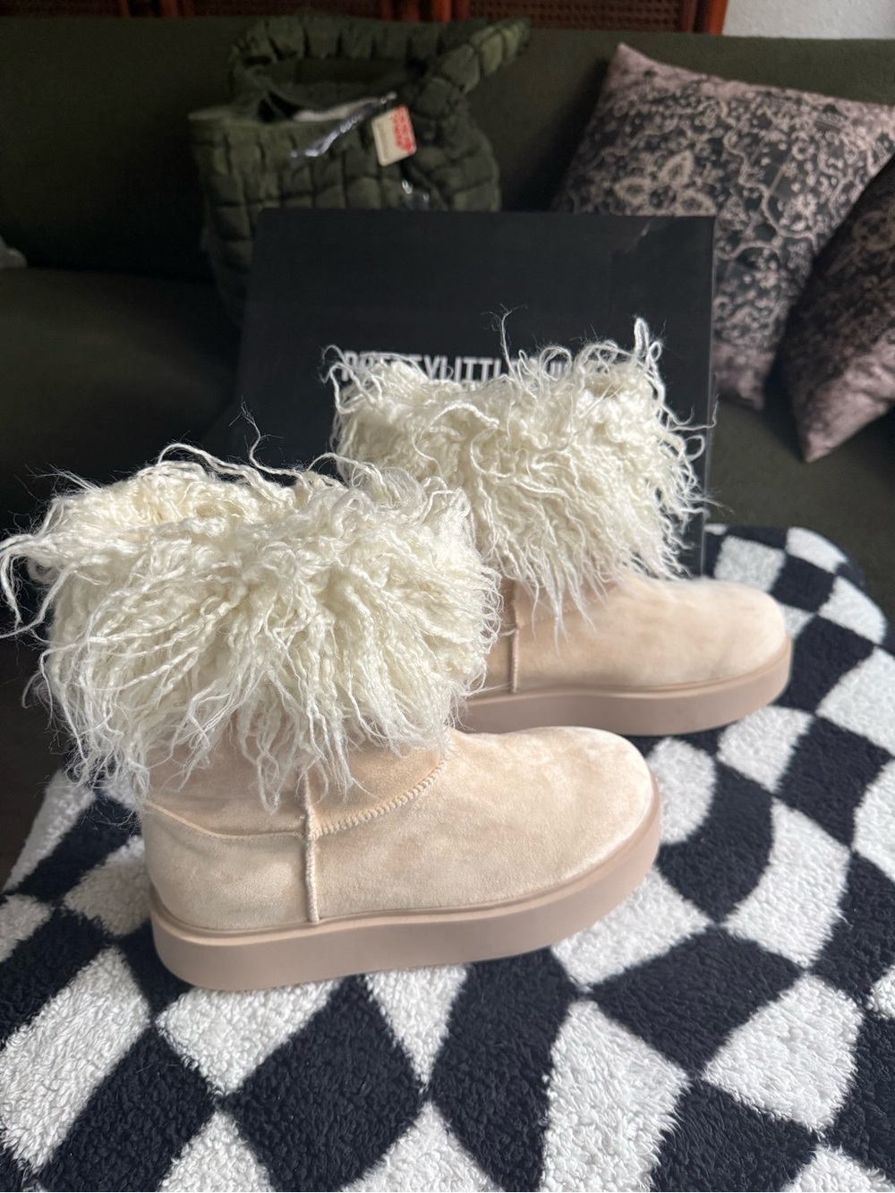 PrettyLittleThing Cream Faux Fur Trim Suede Platform Ankle Boots